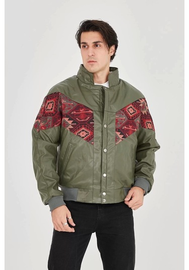 Erkek İçi Astarlı İçten Yaka Kısmı Peluşlu Suni Kumaş Vintage Ceket - Haki Haki