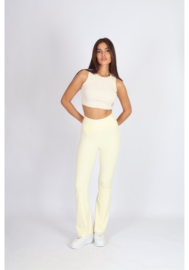 Soft&Basic Kadın 2'li İspanyol Paça Flare Yoga Tayt Pantalon Mavi-sarı