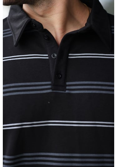 Madmext Siyah Çizgili Polo Yaka Erkek Sweatshirt E7172 Siyah