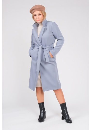 Giyim Dünyası Kadın Astarsız Kuşaklı Kaşe Kaban İndigo 001