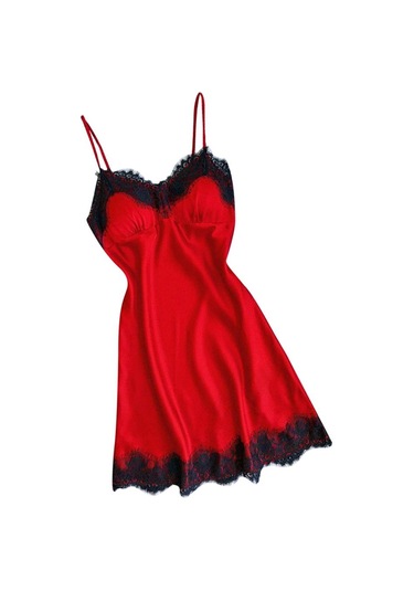 Dolıty Kadınlar Dantel Trim Saten Gecelik Lingerie Pijama Kırmızı+siyah Kırmızı-Siyah