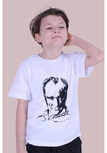 Atatürk Imzalı Ve Baskılı Unisex Çocuk Beyaz Tişört Beyaz