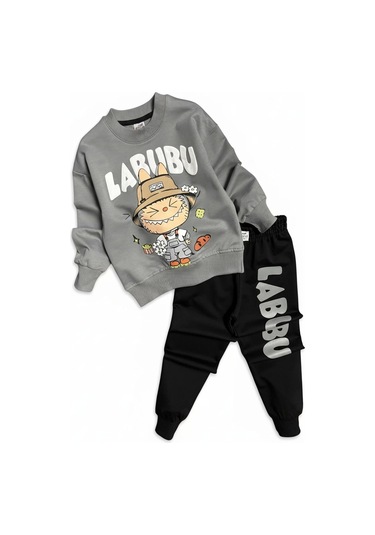 Labubu Desenli Erkek Çocuk Gri Renk Eşofman Takım Gri