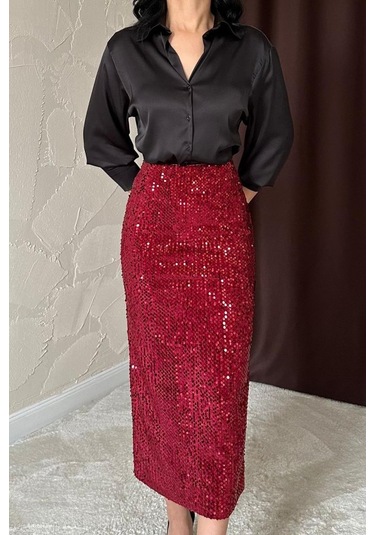 Bordo Pulpayetli Parlak Etek Bordo