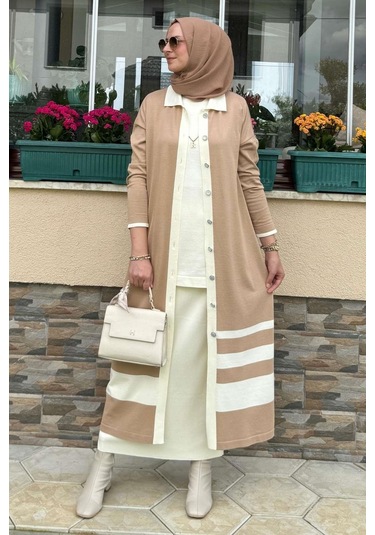 İmge Çizgili Triko Hırka Bej Çok Renkli