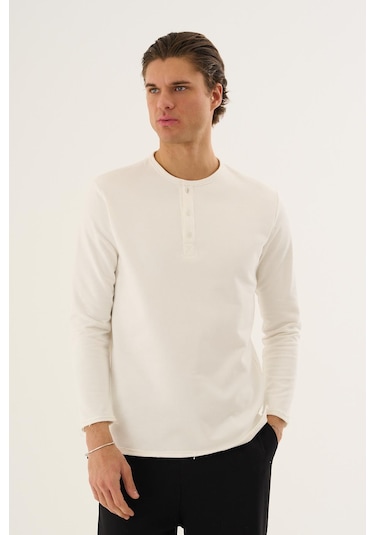 Alexandergardi Waffle Kumaş Düğmeli Yaka Uzun Kollu Sweatshirt Beyaz