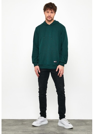 MMetalic Koyu Yeşil Erkek Kapüşonlu Kanguru Cepli Sweatshirt Yeşil