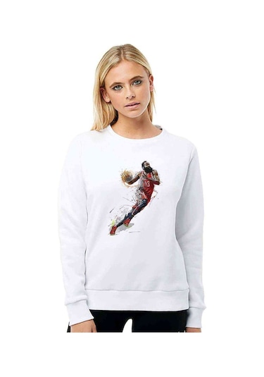 Roc Basketci Basketbolcu Baskılı Beyaz Kadın Sweatshirt
