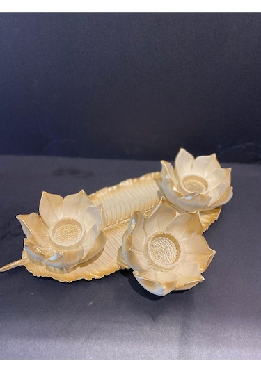 Dekoratif Polyester Üçlü Mumluk Krem-gold Eskitme