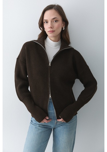 Kahverengi Çift Fermuarlı Hırka - 251080 Koyu Bej