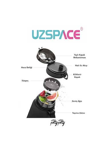 Uzspace Fiftyfifty 650 ML Yeni Koleksyion Tritan Su Matarası