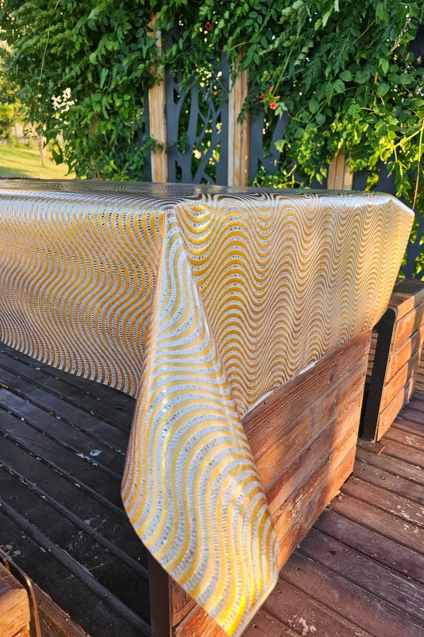 Rona Home Hasır Desen Paralel Şeffaf Pvc Masa Örtüsü Silinebilir Muşamba Sofra Bezi Lüx Hasır Su Geçirmez. Gold