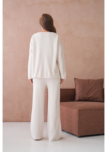 Kadın Bisiklet Yaka Düşük Kol Kazak Pantolon İkili Triko Takım Taş