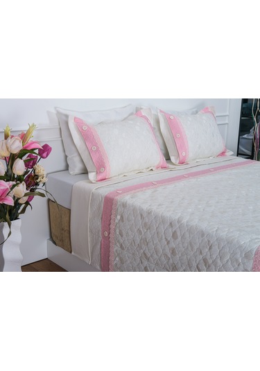 Finezza Gülfem Pamuk Baskılı  Krem Pembe Yatak Örtüsü Seti Çift Kş. 6 Parça