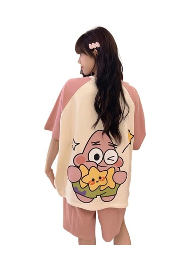 Snapbuy Göğüs Yastığı İle Şişme Önleyici Pijama Kadın Yaz Gülen Kore Kısa Kollu Şort Sevimli Öğrenci İnce Ev Giyim Seti 6003 Pai Yıldızlar Göğüs Yastığı İle