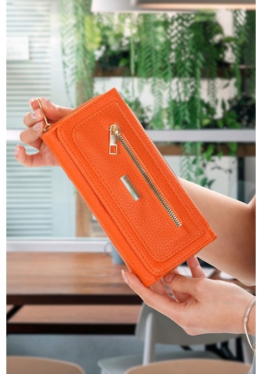 Kadın Turuncu Kağıt Para Ve Kartlık Bölmeli Turuncu Cüzdan Fermuar Detaylı Turuncu