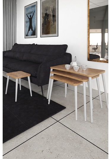 Selen 4lü Zigon Sehpa Ahşap Beyaz Ayaklı Salon Seti Çay Sehpası Çam