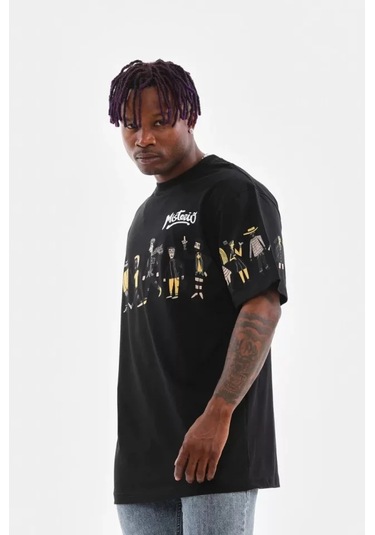 Unisex Bisiklet Yaka Baskılı Oversize T-shirt - Siyah Çok Renkli