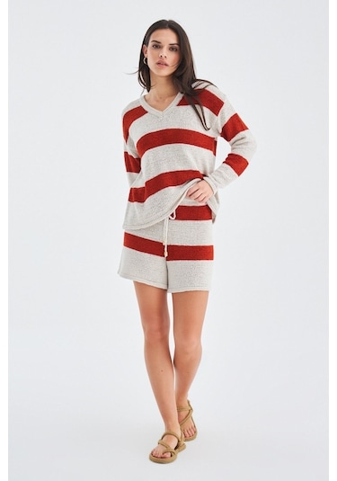 Peraluna Sıena Blouse & Shorts Çizgili Uzun Kollu Kadın Triko Şor Krem
