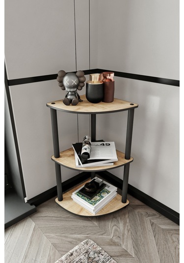 Masivo Köşe Kitaplık Safir Meşe 3 Katlı Meşe