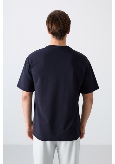 Tommy Life Lacivert Pamuklu Kalın Yumuşak Dokulu Oversize Fit Baskılı Erkek T-shirt - 88344 001
