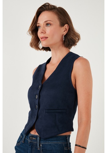 Lela Fitted Scuba Süet V Yaka Düğmeli Bayan Yelek 5865576 Lacivert