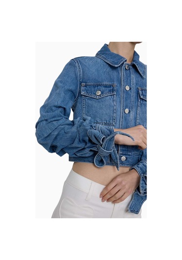 Alice And Olivia Tiff Büzgülü Kollu Kısa Denim Ceket Mavi