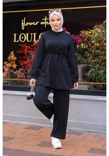 Hakim Yaka Detaylı Tesettür Siyah Takım Siyah