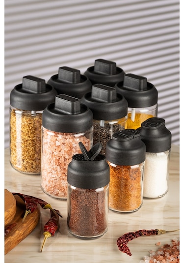 Vienev 3lü Tuzluk Baharatlık Ve 6lı Kendinden Kaşıklı Baharatlık Seti Siyah - Şeffaf