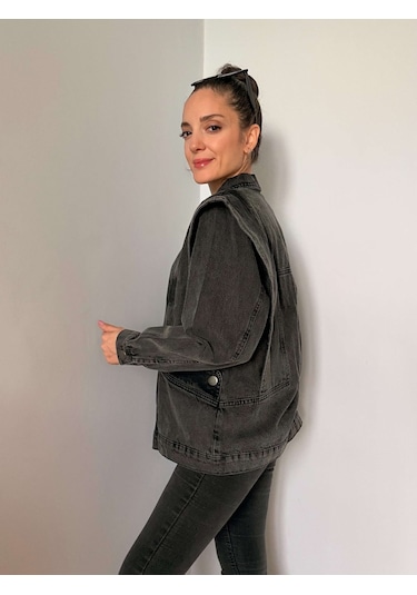 Antrasit Omuz Detaylı Tasarım Denim Ceket Antrasit