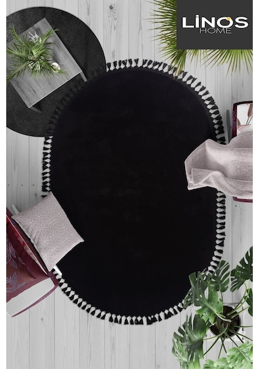 Siyah Fluffy Oval Düğüm Saçaklı Post Peluş Halı Kaymaz Taban