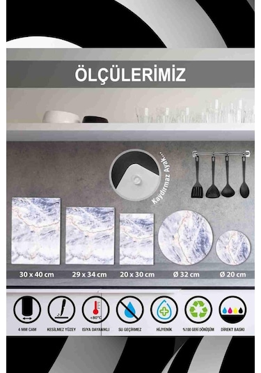 Dekoratif Cam Kesme Tahtası 30Cm X 40Cm Ezgi Mermer Görünümlü