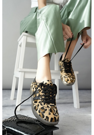 Muggo Leopard Garantili Kadın Ortopedik Günlük Bağcıklı Yürüyüş Leopar Desenli Sneaker Spor Ayakkabı Leopar Kahverengi