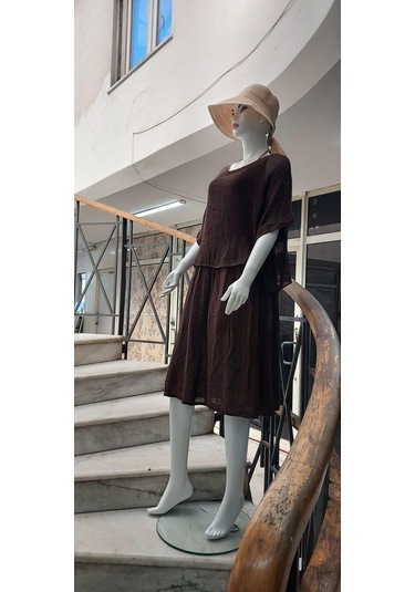İtalyan Müslin Keteni Üstü File Bluzlu Astarlı Tek Parça Elbise Kahve Rengi Kahverengi