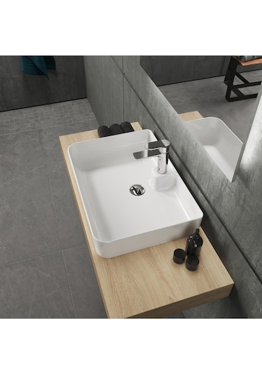 Mestola Tezgah Üstü Kare Çanak Lavabo Batarya Delikli 50 X 35 Cm Beyaz