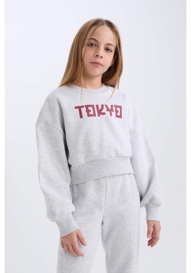DeFacto Kız Çocuk 2'li Takım Baskılı Sweatshirt Üst Beli Lastikli Jogger Eşofman Altı D4867A824WNGR421 Gri