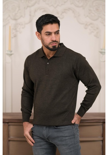 Woolen World Polo Yaka Düz Renk Yünlü Erkek Triko Kazak Kahverengi