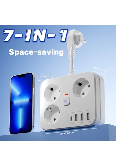 Motion003 7-in-1 Kompakt Güç Şeridi Siyah Açma Kapama Anahtarı Usb Bağlantıları Ac Ve T