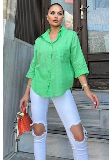 Kadın Yeşil Truvakar Kol, Oval Kesim, Terletmez, Flamlı Keten Salaş Gömlek Yeşil