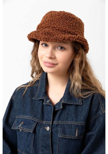 Kadın Kıvırcık Peluş Bucket Şapka Rkş-10 Kahverengi Kahverengi