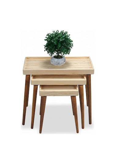 Mobenta Basic Nest-3 Doğal Masif Ahşap 3'lü Zigon Sehpa, Latalı - Bz Krem