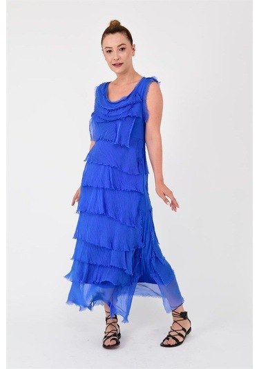 Italyan 2 Beden İnce Gösteren Kat Kat Kolsuz Ipek Elbise-8769 Saks Mavisi