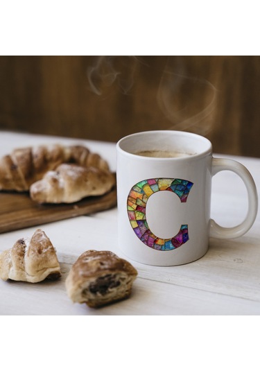 C Harfi Bardak 330 Ml İsme/harfe Özel Hediye, Renkli Harf Tasarım Beyaz