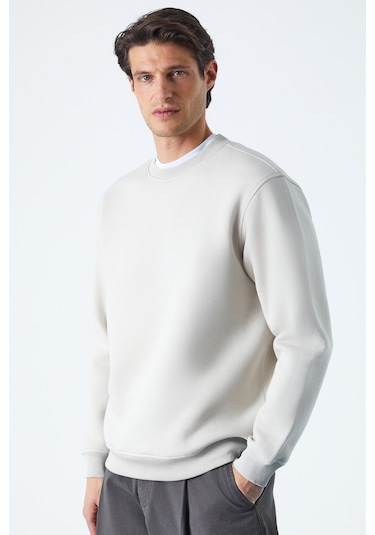 Grımelange Travıs Erkek Organik Kumaşlı Yumuşacık Regular Fit Yuvarlak Yakalı Ekru Sweatshirt Ekru