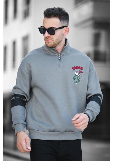 Babar Üç İplik Şardonlu Nakışlı Fermuarlı Dik Yaka Oversize Erkek Sweatshirt 001