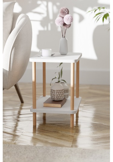 2 Raflı Yan Sehpa Geniş Gazetelik Kitaplık Çiçeklik -beyaz