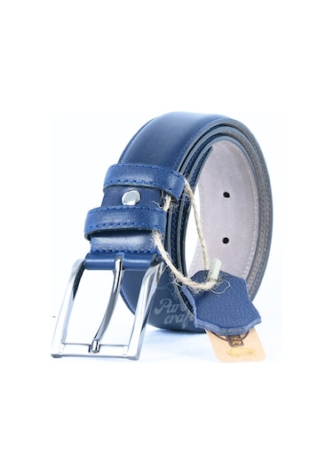 Hakiki Deri Erkek Kemer 3,5cm Dikişli Lacivert Klasik Kumaş Kemer Lacivert