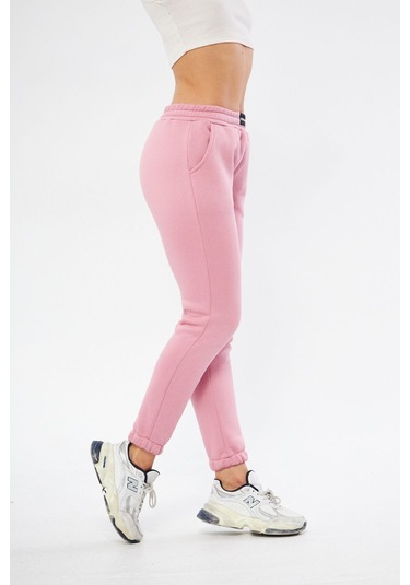 Lesa Wear Yüksel Bel Jogger Şardonlu Eşofman Altı Paçası Lastikli Pembe