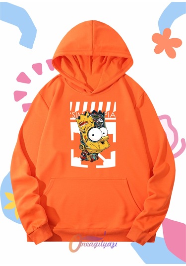 Çocuk Unisex Simpson Baskılı Oversize Kapüşönlü Sweatshirt Turuncu