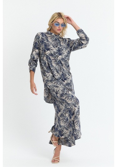 Schık Kadın Viskon Rahat Bol Paça Truvakar Kol Önü Düğme Baskılı Takım Lacivert